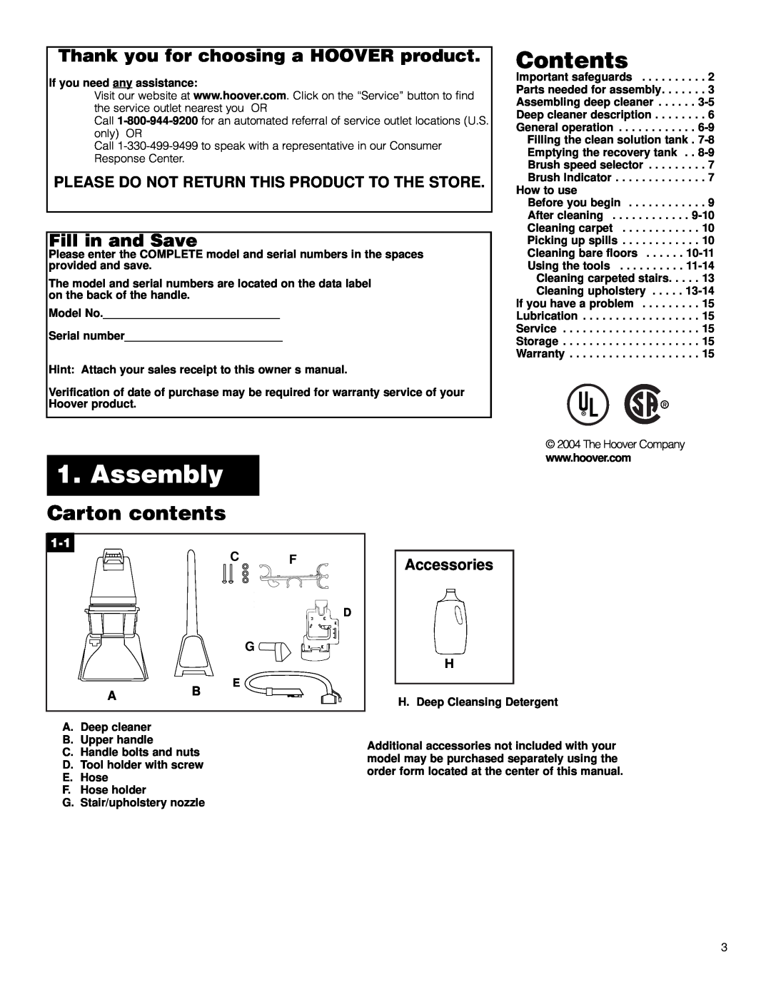 Hoover F5906900 owner manual Contents, Carton contents, Thank you for choosing a HOOVER product, Fill in and Save, Assembly 