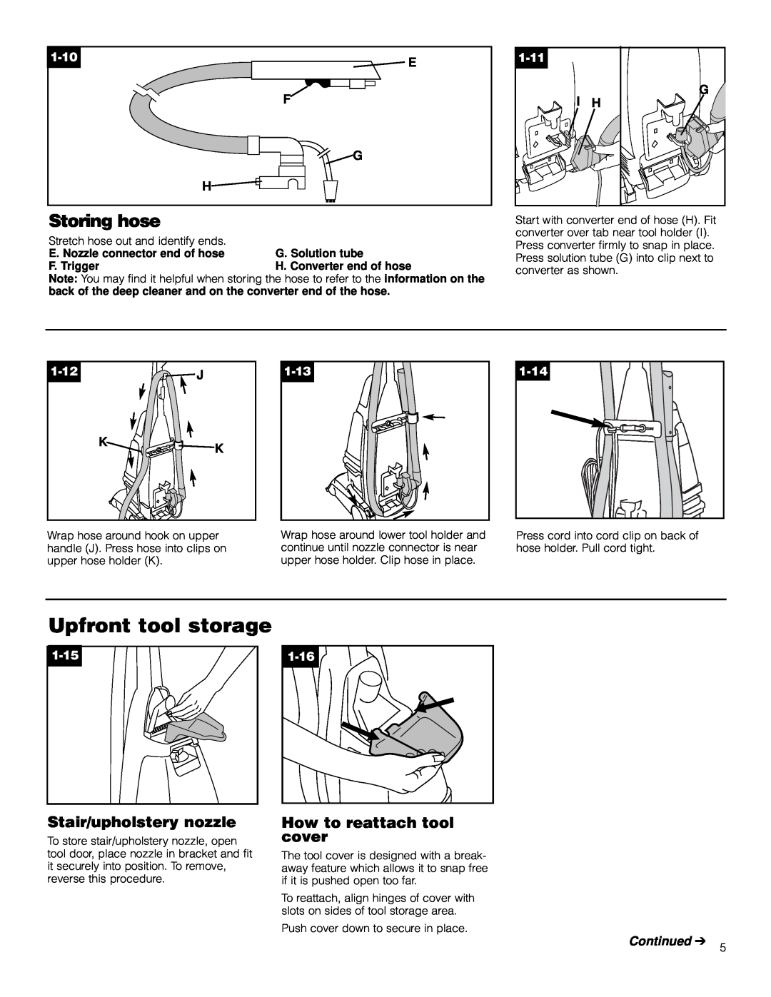 Hoover F5906900 owner manual Upfront tool storage, Storing hose, 1-10, 1-11, 1-12, 1-13, 1-14, 1-15, 1-16, Continued 