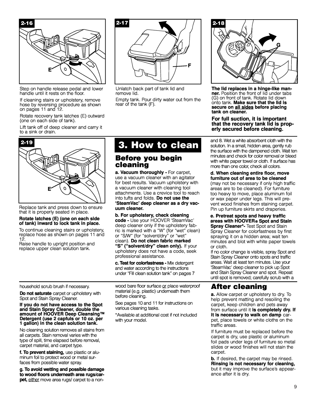 Hoover F5906900 owner manual How to clean, Before you begin, After cleaning, 2-16, 2-17, 2-18, 2-19 