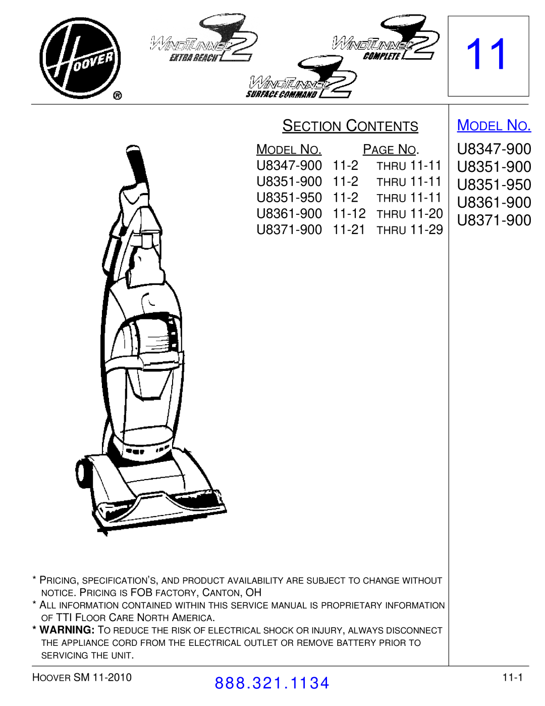 Hoover F7412900 manual U8347-900 11-2, U8351-900 11-2, U8351-950 11-2, U8361-900 11-12, U8371-900 11-21 