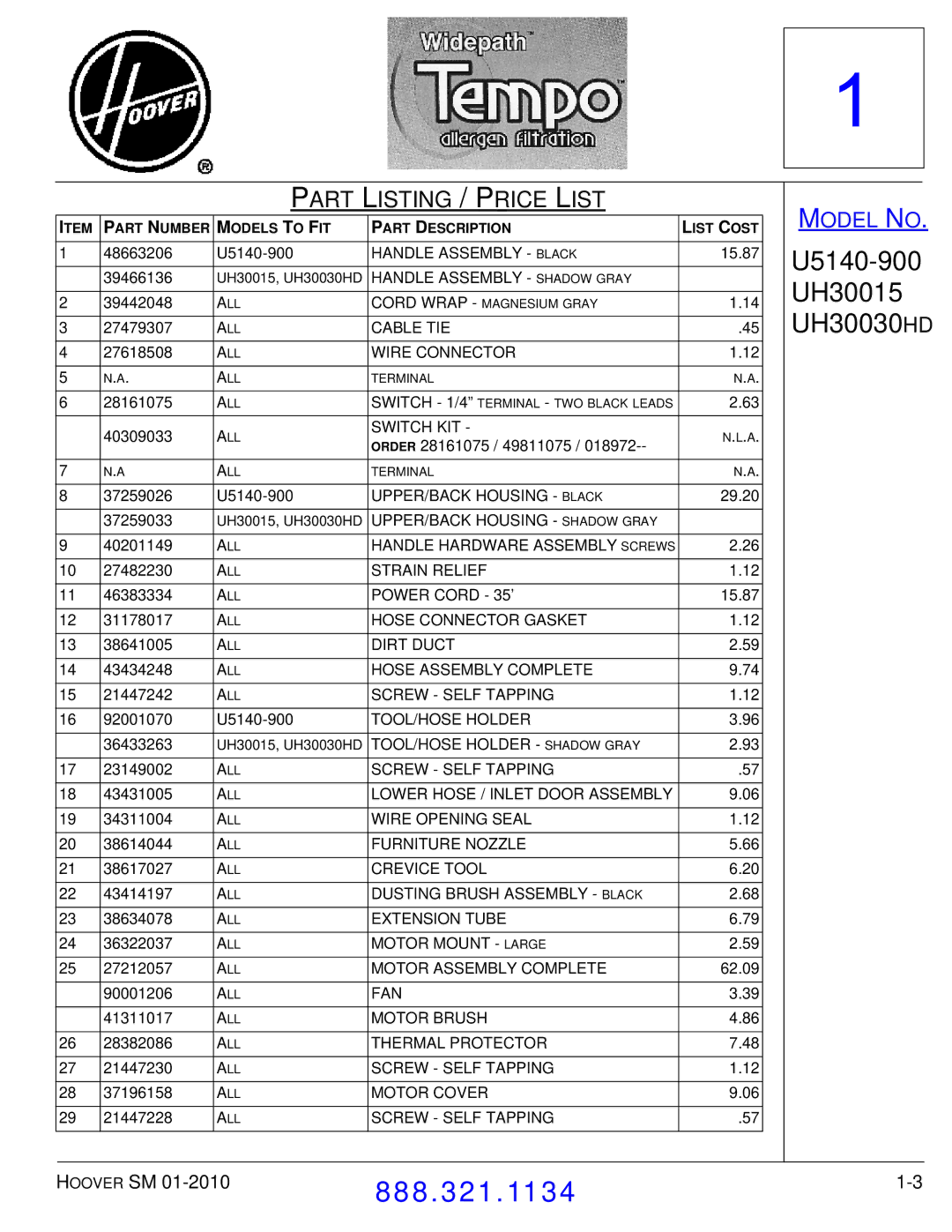 Hoover F7412900 manual Part Listing / Price List 