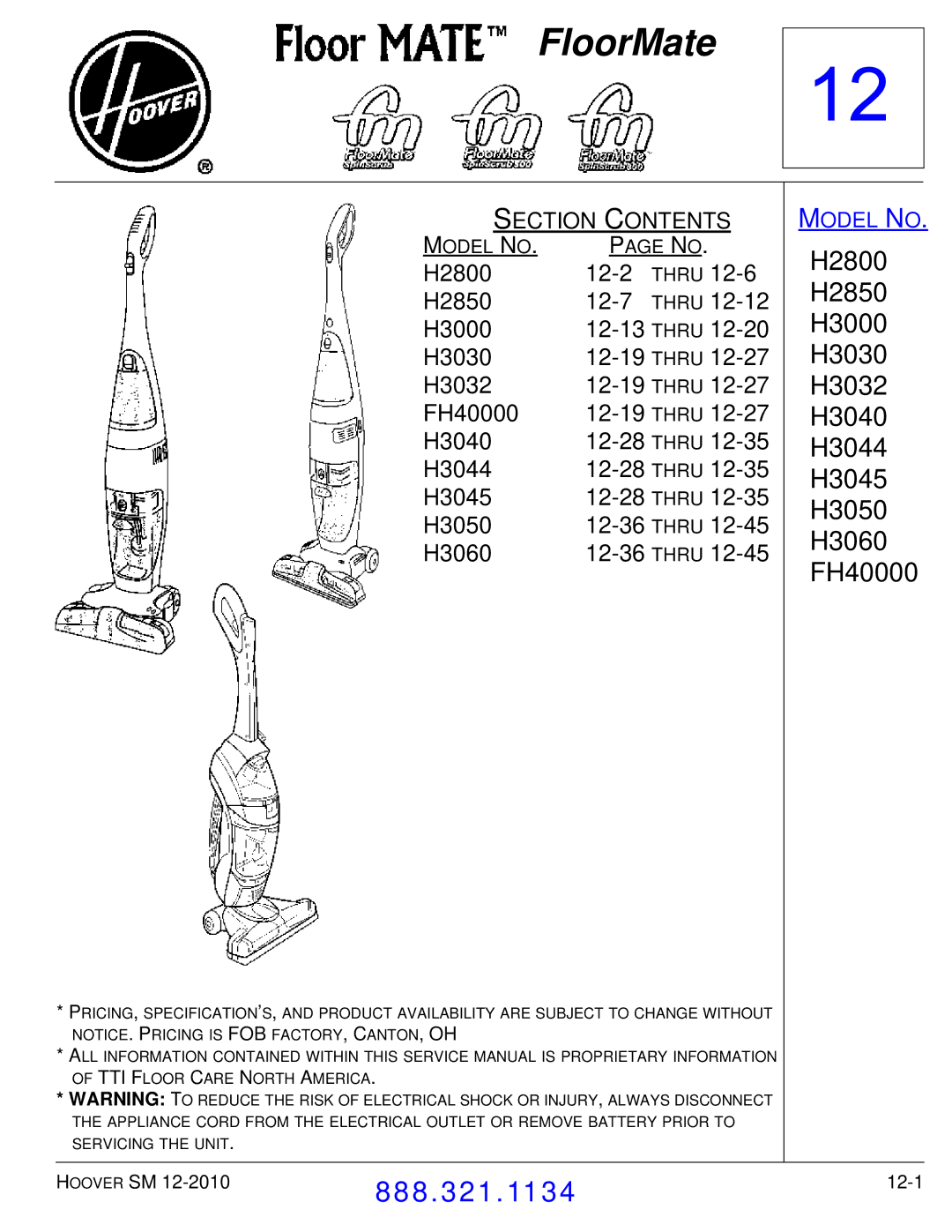 Hoover F7412900 manual H2800 12-2, 12-6, H2850 12-7, 12-12 