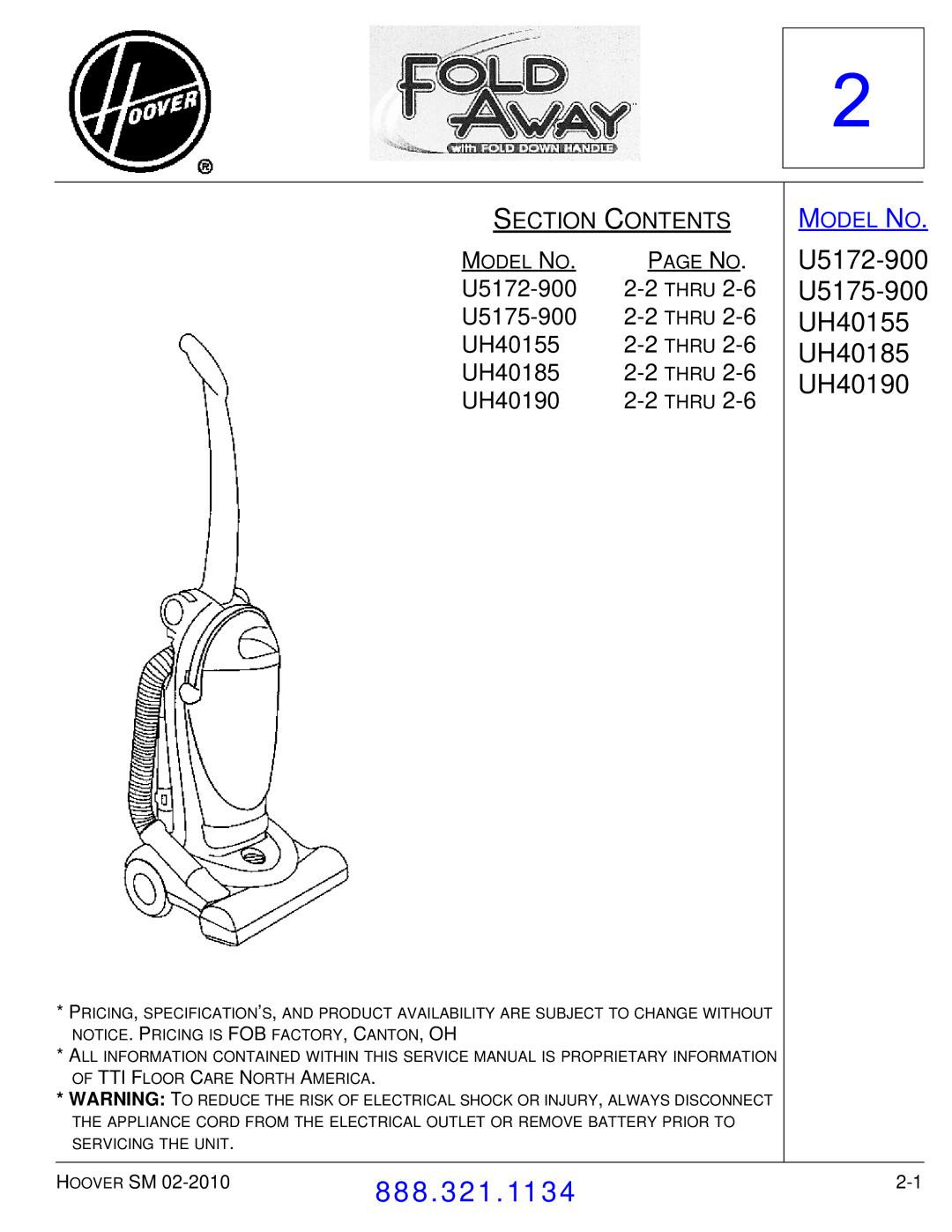 Hoover F7412900 manual U5172-900 Thru U5175-900 UH40155 UH40185 UH40190 