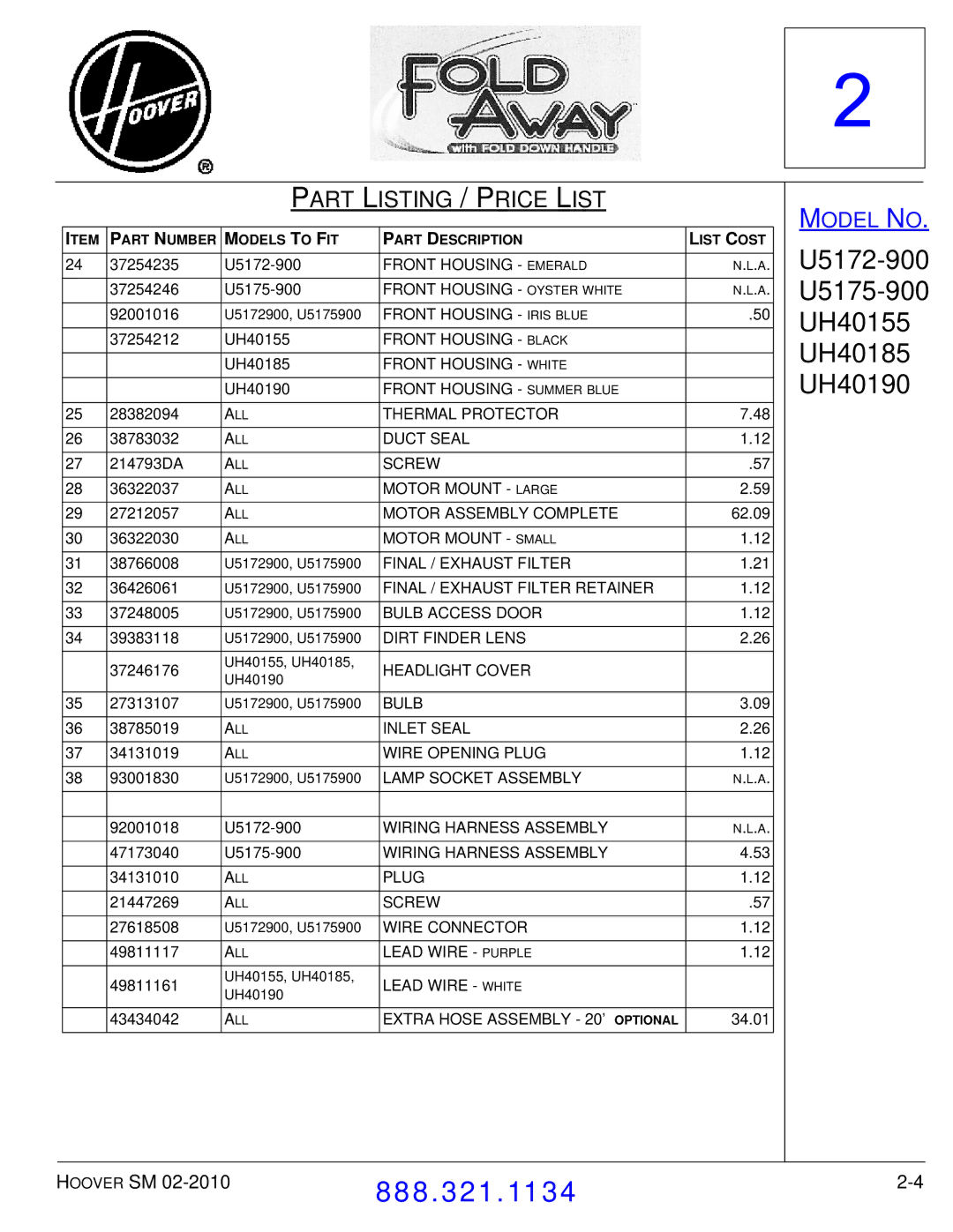 Hoover F7412900 manual U5172-900 U5175-900 