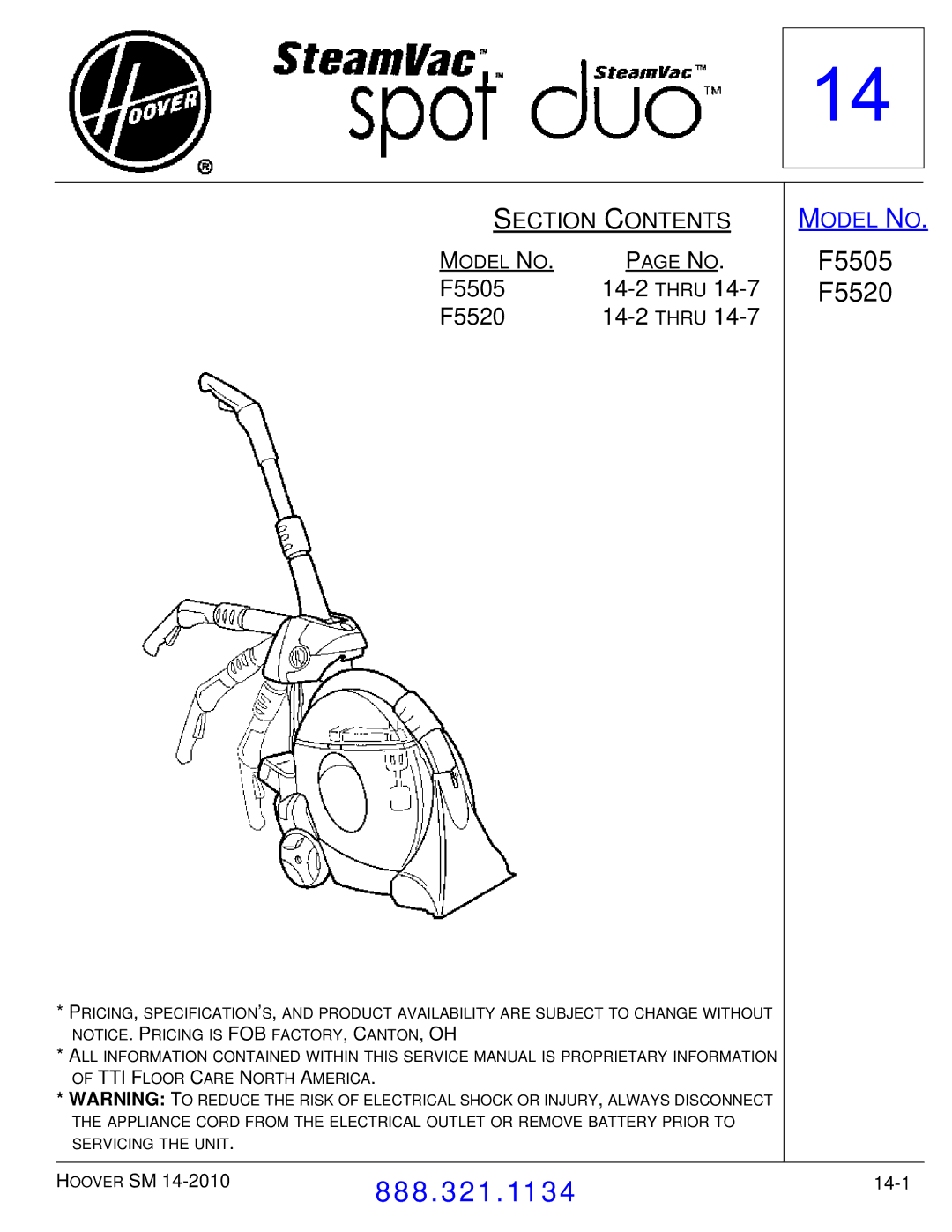 Hoover F7412900 manual F5505 Thru F5520 