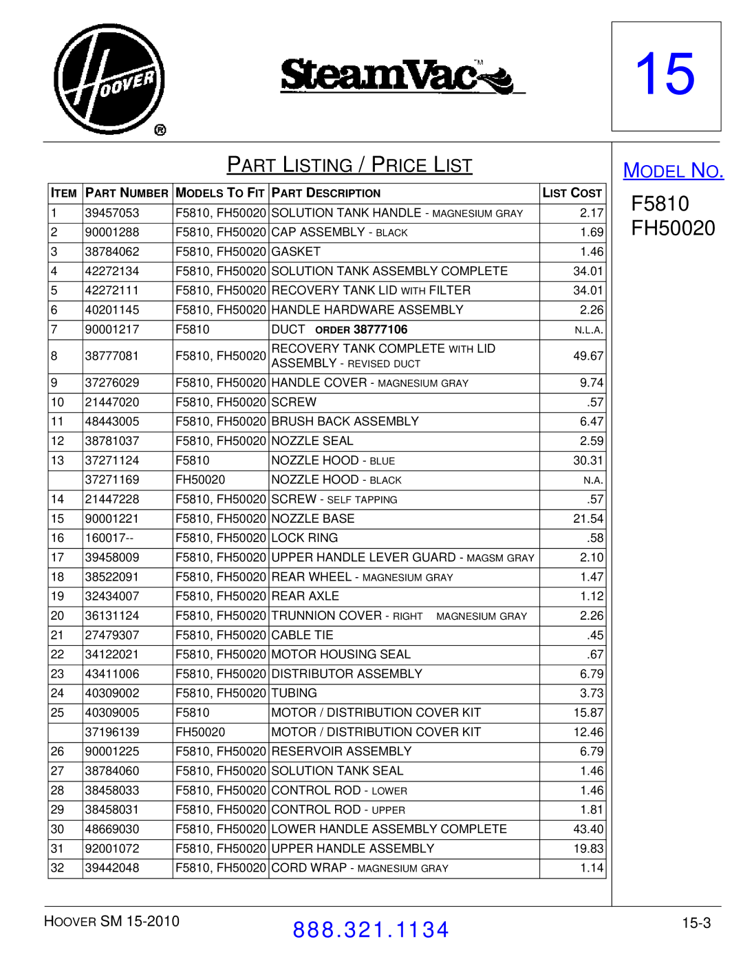 Hoover F7412900 manual Part Listing / Price 