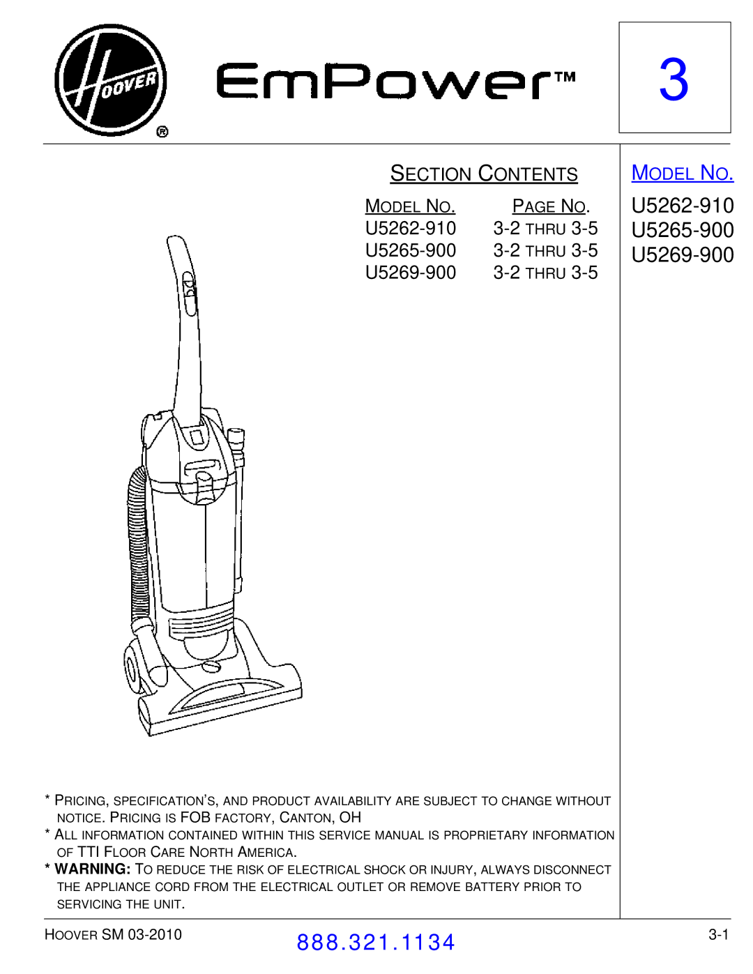 Hoover F7412900 manual U5262-910 Thru U5265-900 U5269-900 