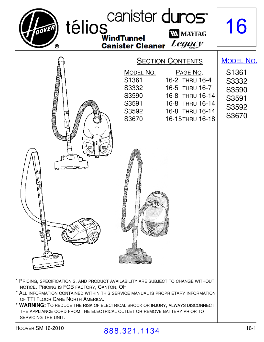 Hoover F7412900 manual S1361 16-2, S3332 16-5, S3590 16-8, S3591 16-8, S3592 16-8, S3670 Thru 