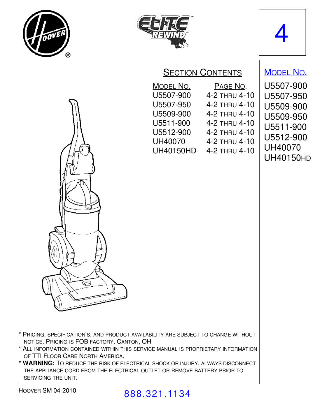 Hoover F7412900 manual U5507-900 U5507-950 U5509-900 U5509-950 U5511-900 