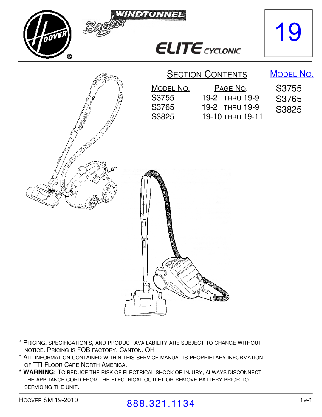 Hoover F7412900 manual S3755 19-2, S3765 19-2, S3825 Thru 