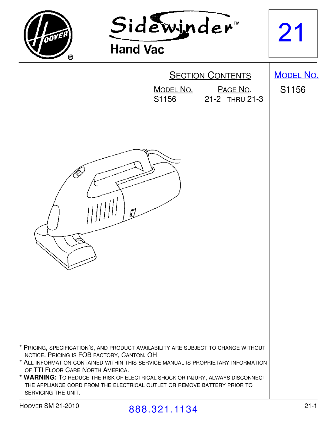 Hoover F7412900 manual S1156 Thru 