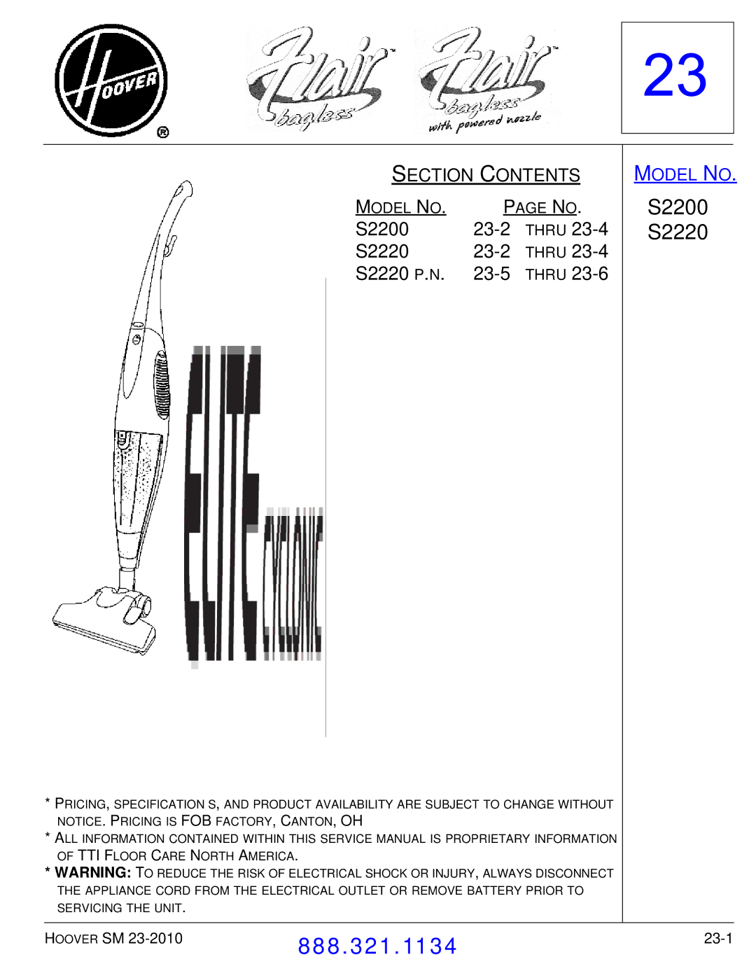 Hoover F7412900 manual S2200 23-2, S2220 23-2, S2220 P. N 23-5 