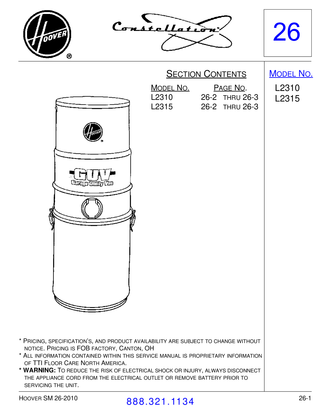 Hoover F7412900 manual L2310 26-2, L2315 26-2 