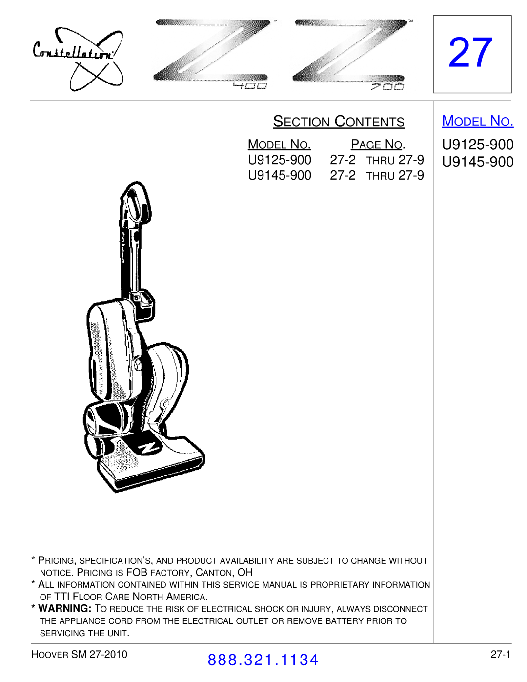 Hoover F7412900 manual U9125-900 27-2, U9145-900 27-2 