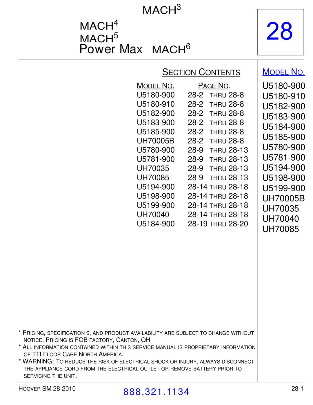 Hoover F7412900 manual U5180-900 28-2, U5180-910 28-2, U5182-900 28-2, U5183-900 28-2, U5185-900 28-2, UH70005B 28-2 