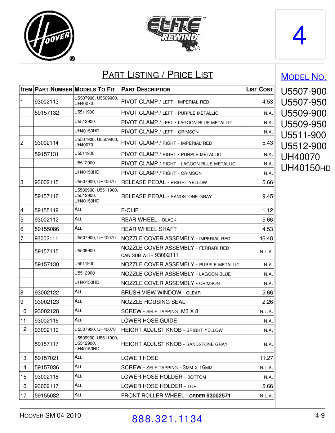 Hoover F7412900 manual Pivot Clamp / Left Crimson 