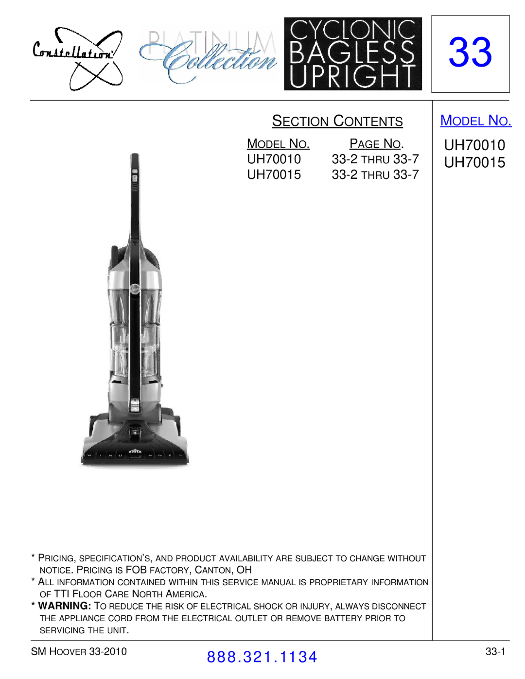 Hoover F7412900 manual UH70010 Thru UH70015 