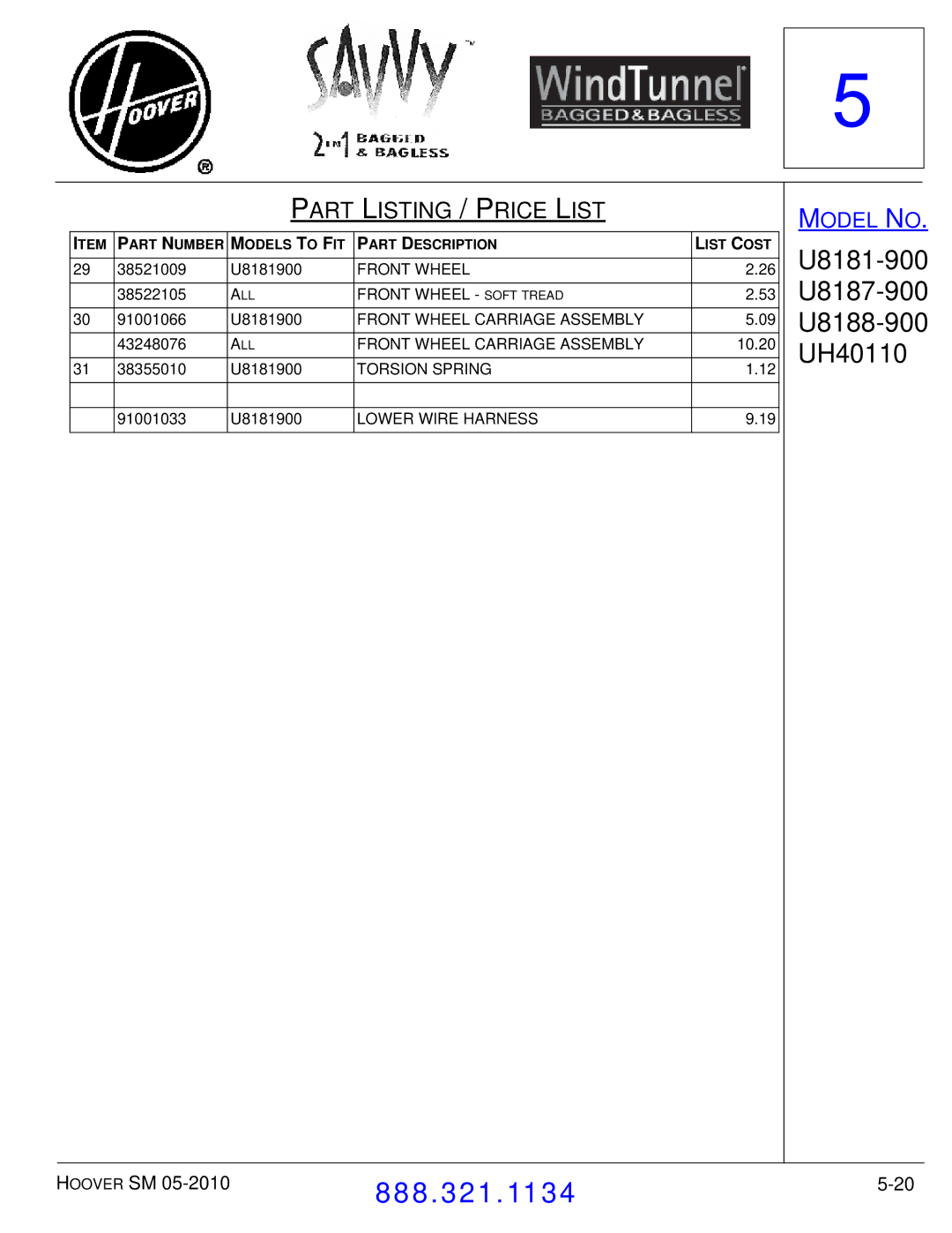 Hoover F7412900 manual 26 U8181-900 53 U8187-900 09 U8188-900 10.20 UH40110 