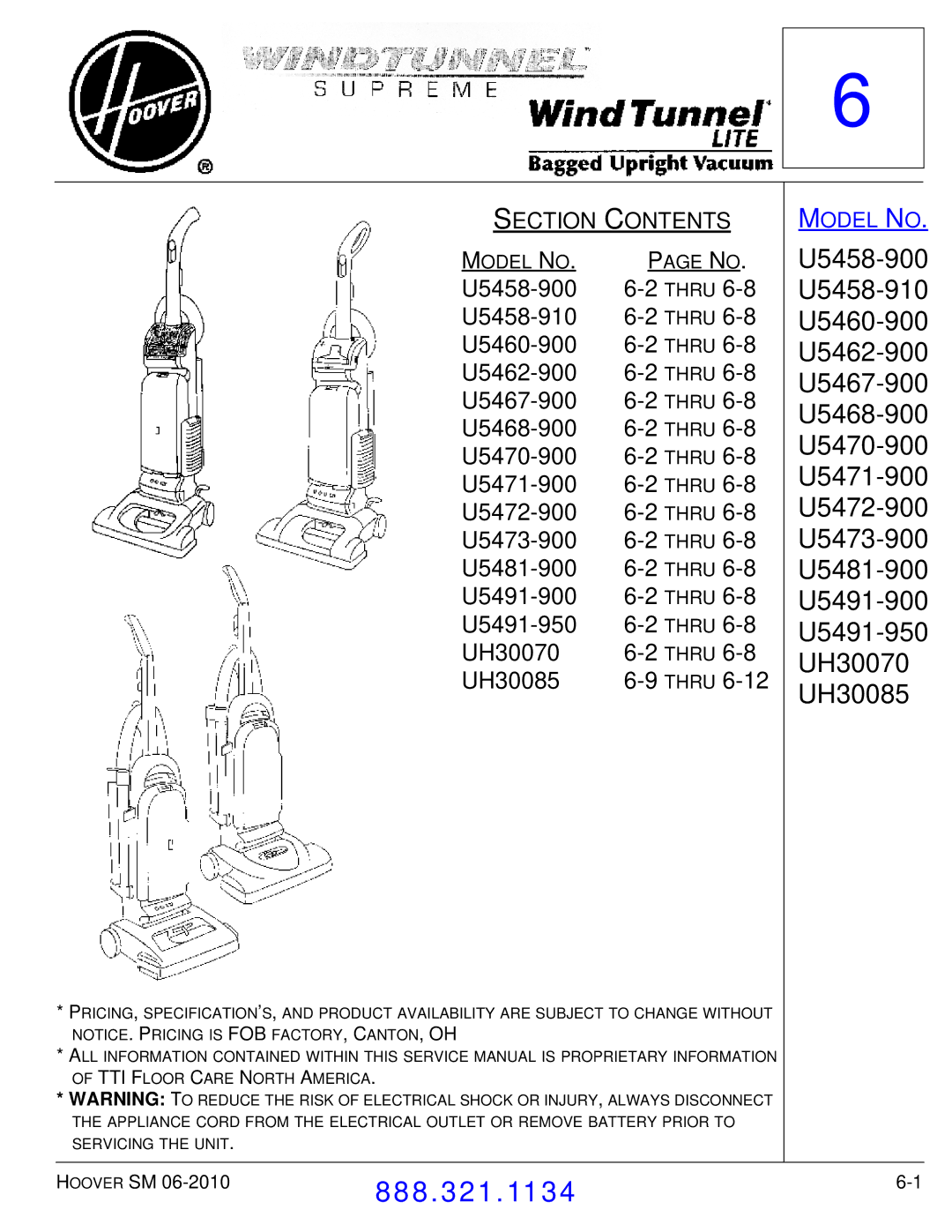 Hoover F7412900 manual U5491-950, UH30070, UH30085 