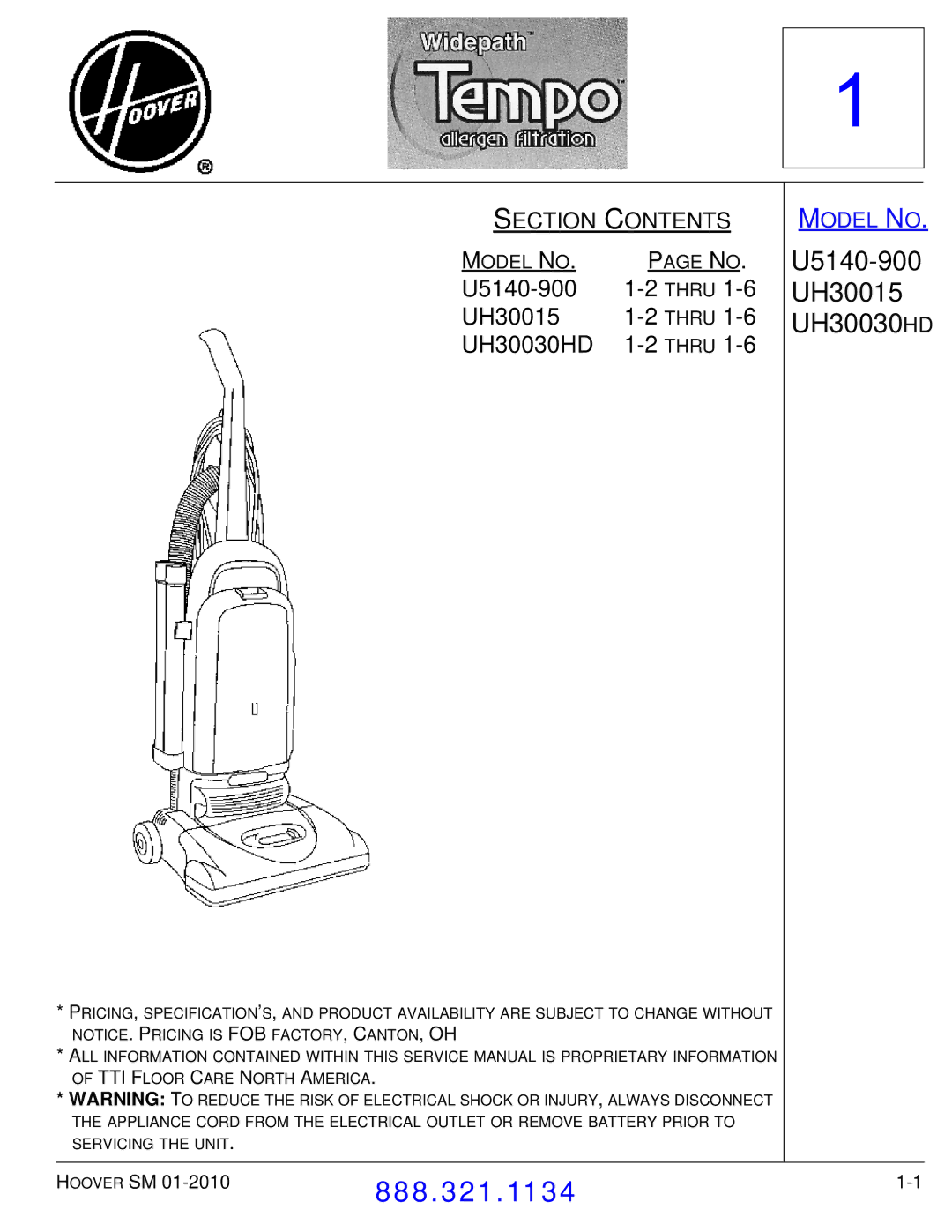 Hoover F7412900 manual U5140-900 Thru UH30015 UH30030HD 