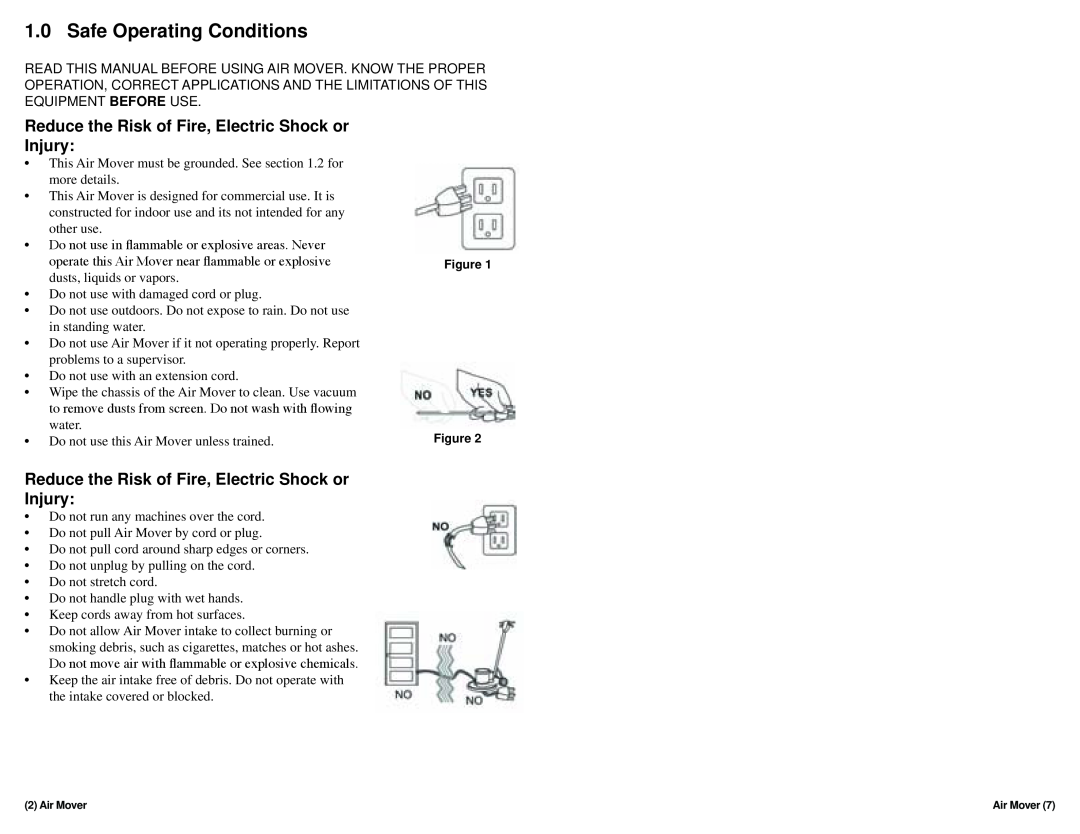 Hoover Fan warranty Safe Operating Conditions, Reduce the Risk of Fire, Electric Shock or Injury 