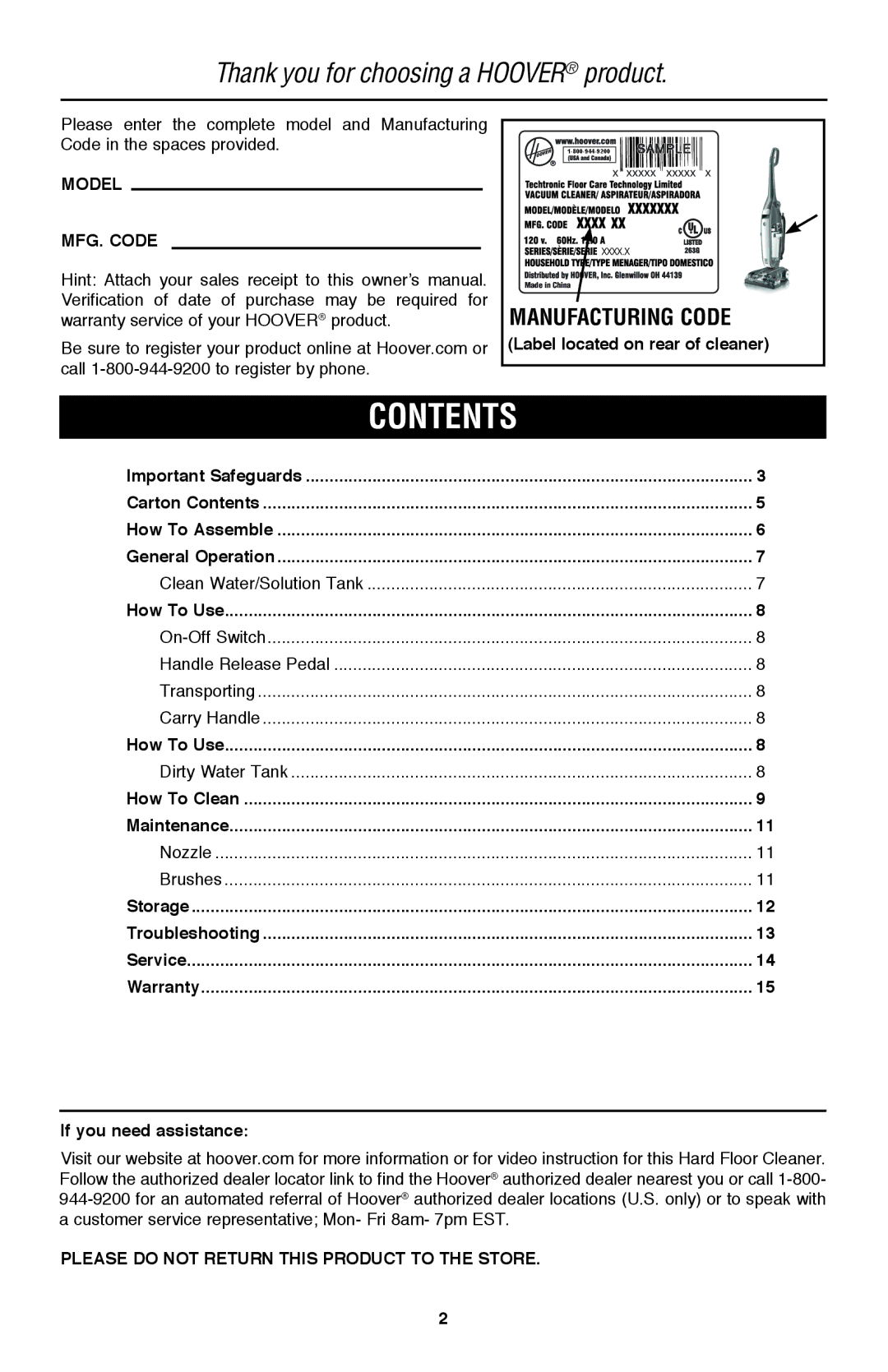 Hoover FH40160 owner manual Contents 