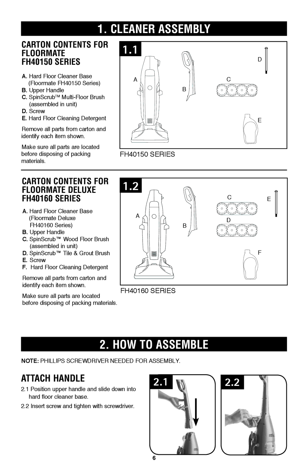 Hoover FH40160 owner manual Cleaner Assembly, HOW to ASSEMBLe, Attach handle 