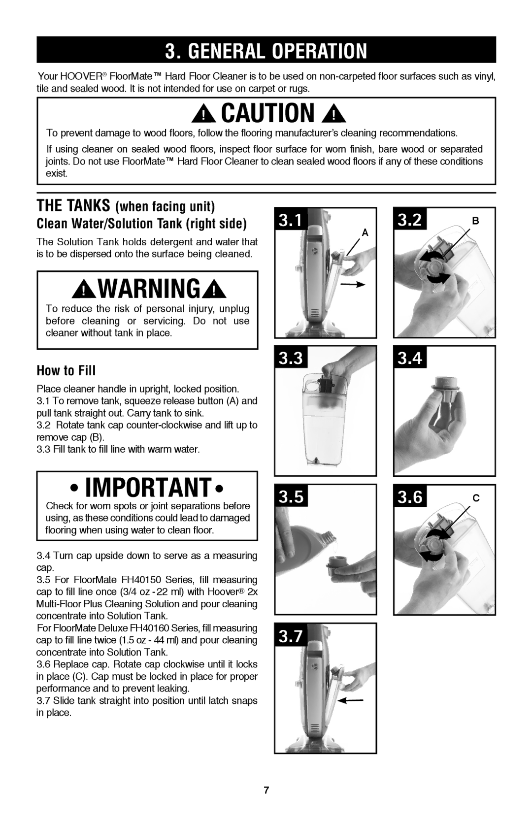 Hoover FH40160 owner manual General operation, Turn cap upside down to serve as a measuring cap 