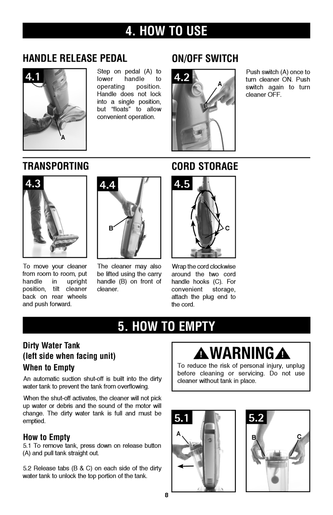 Hoover FH40160 owner manual HOW to USE, How to empty, Handle release pedal, ON/OFF switch, Cord Storage 