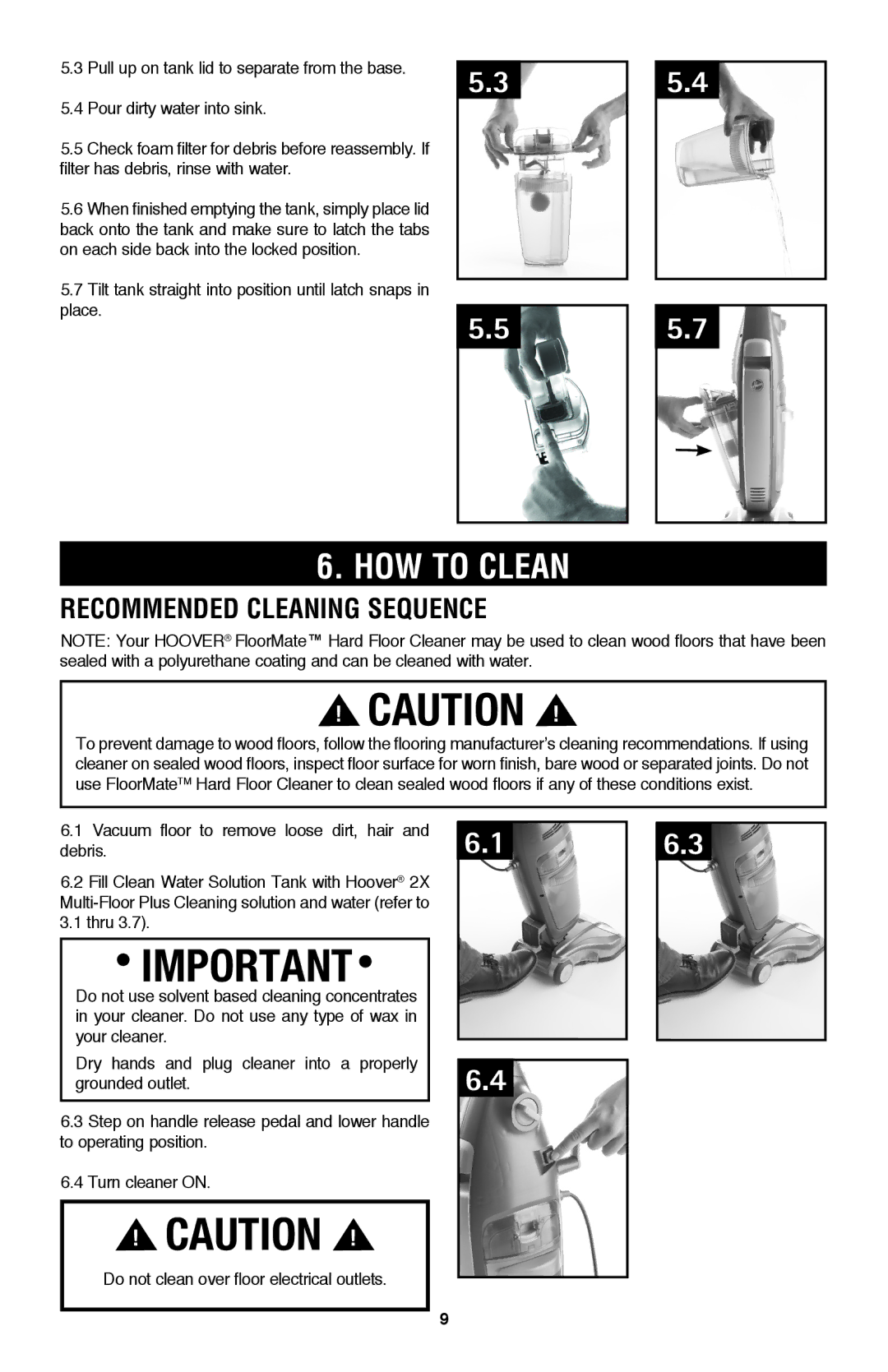 Hoover FH40160 How to clean, Recommended cleaning sequence, Tilt tank straight into position until latch snaps in place 