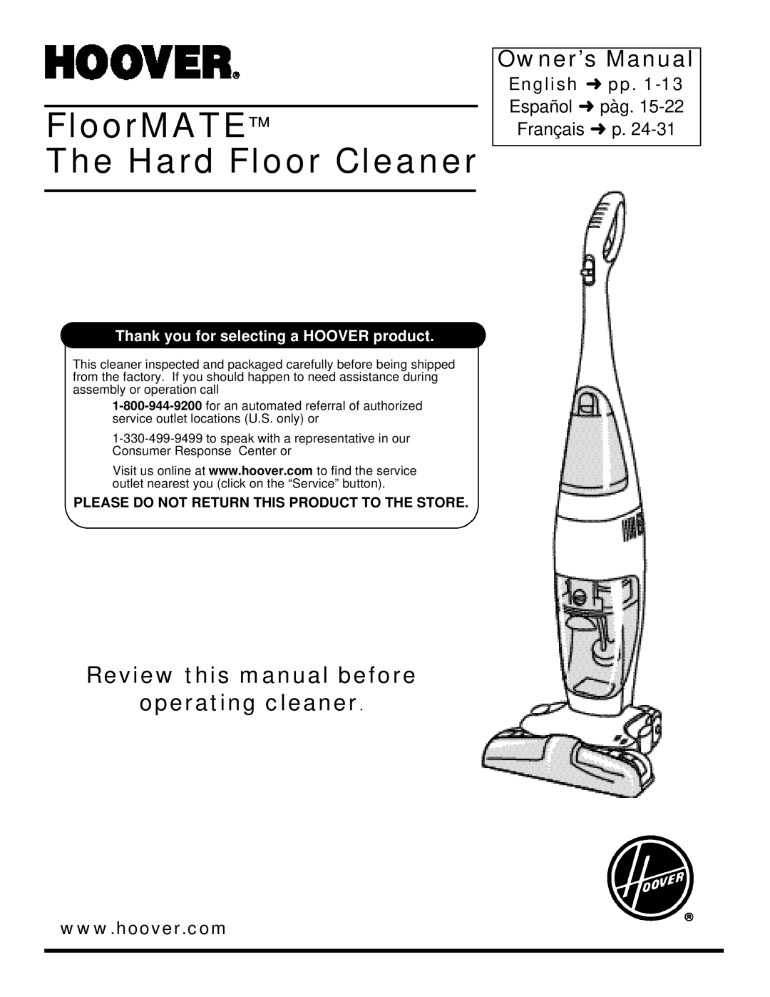 Hoover FloorMATETM The Hard Floor Cleaner owner manual FloorMATE Hard Floor Cleaner 