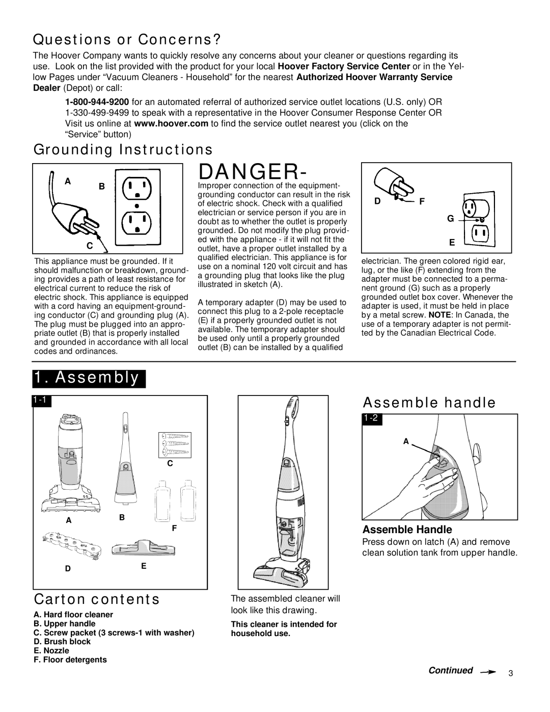 Hoover FloorMATETM The Hard Floor Cleaner Assembly, Questions or Concerns?, Grounding Instructions, Carton contents 