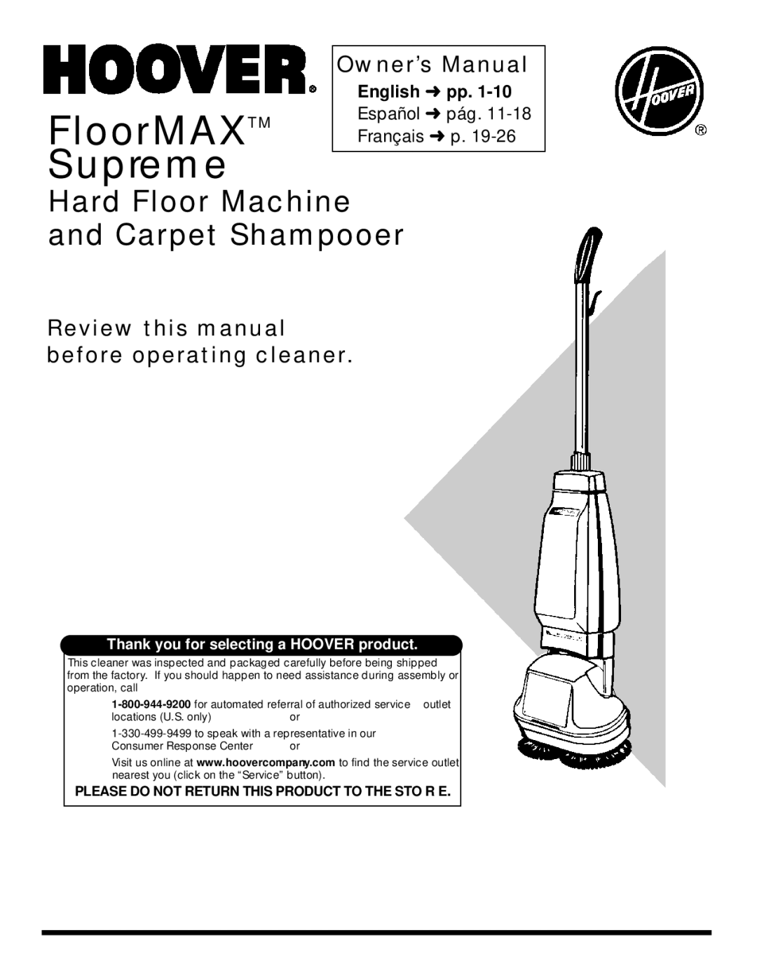 Hoover FloorMAX Supreme owner manual O o r M a XTM S u p re m e, Review this manual before operating cleaner 