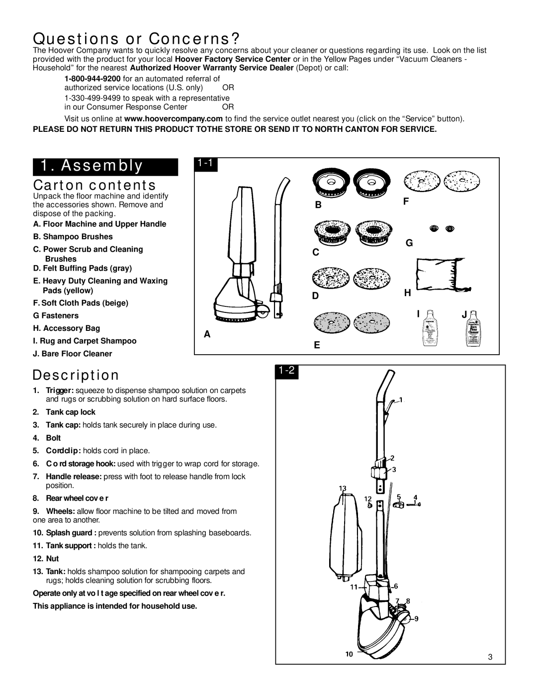 Hoover FloorMAX Supreme owner manual Questions or Concerns?, Carton contents, Description1-2 