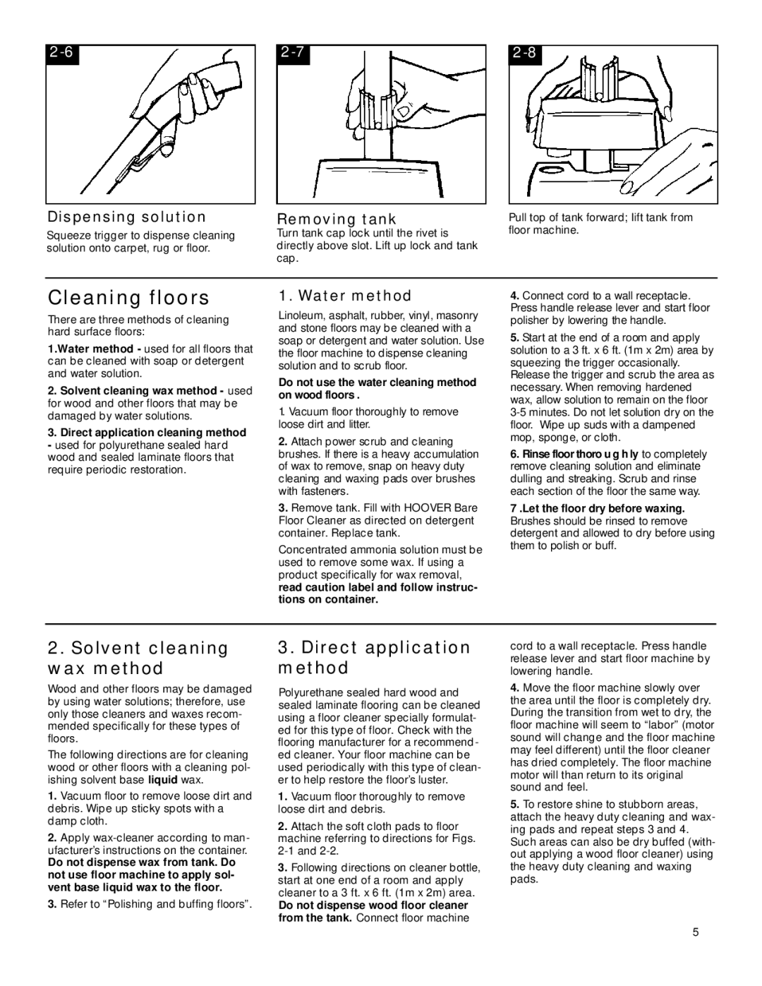 Hoover FloorMAX Supreme owner manual Cleaning floors, Solvent cleaning wax method, Direct application method 