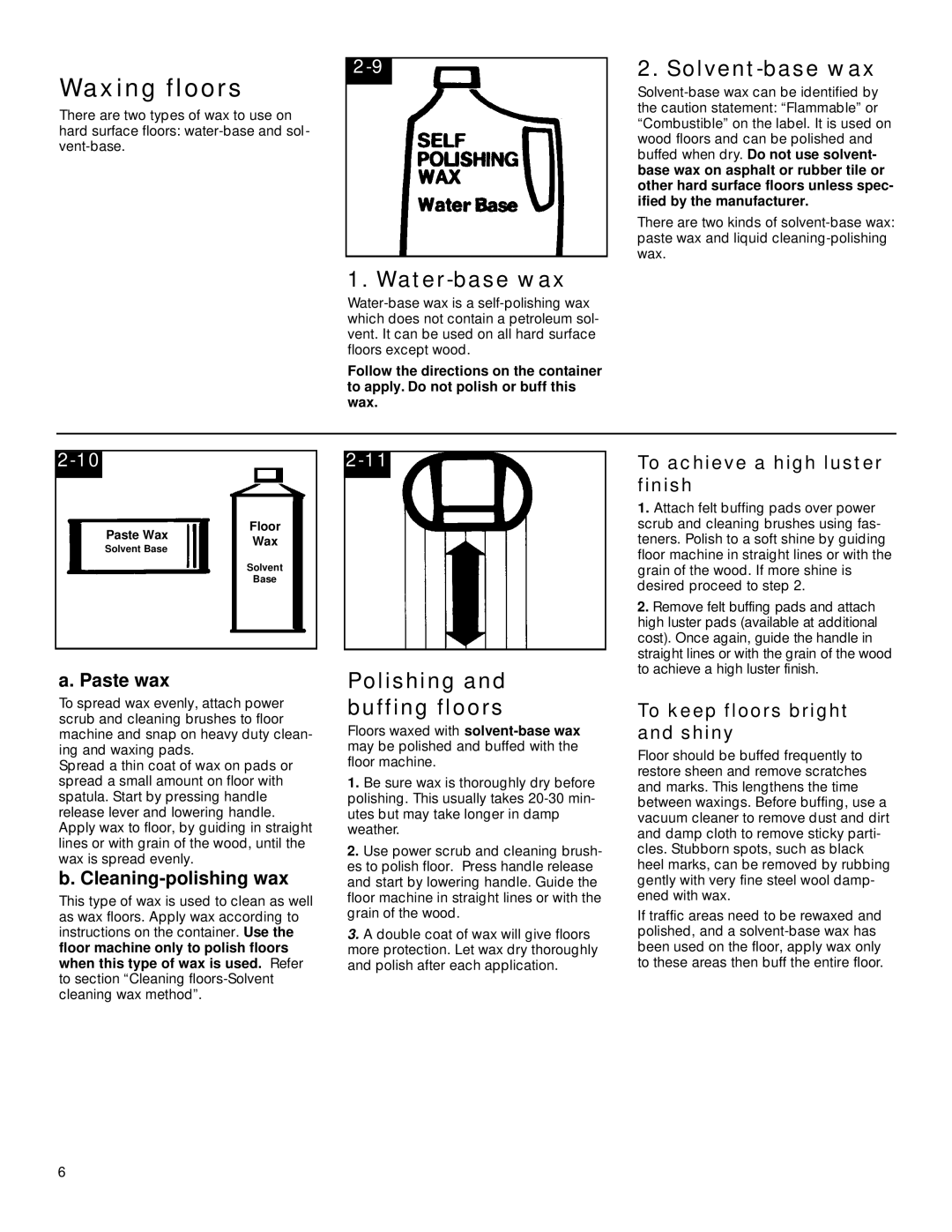Hoover FloorMAX Supreme owner manual Waxing floors, Water-base wax, Solvent-base wax, Polishing and buffing floors 