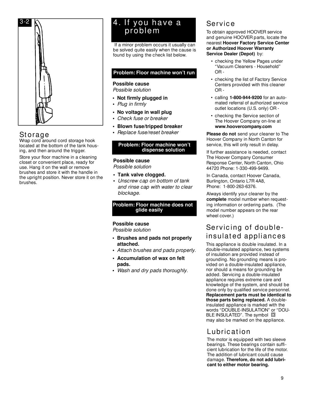 Hoover FloorMAX Supreme owner manual Storage, Service, Servicing of double- insulated appliances, Lubrication 