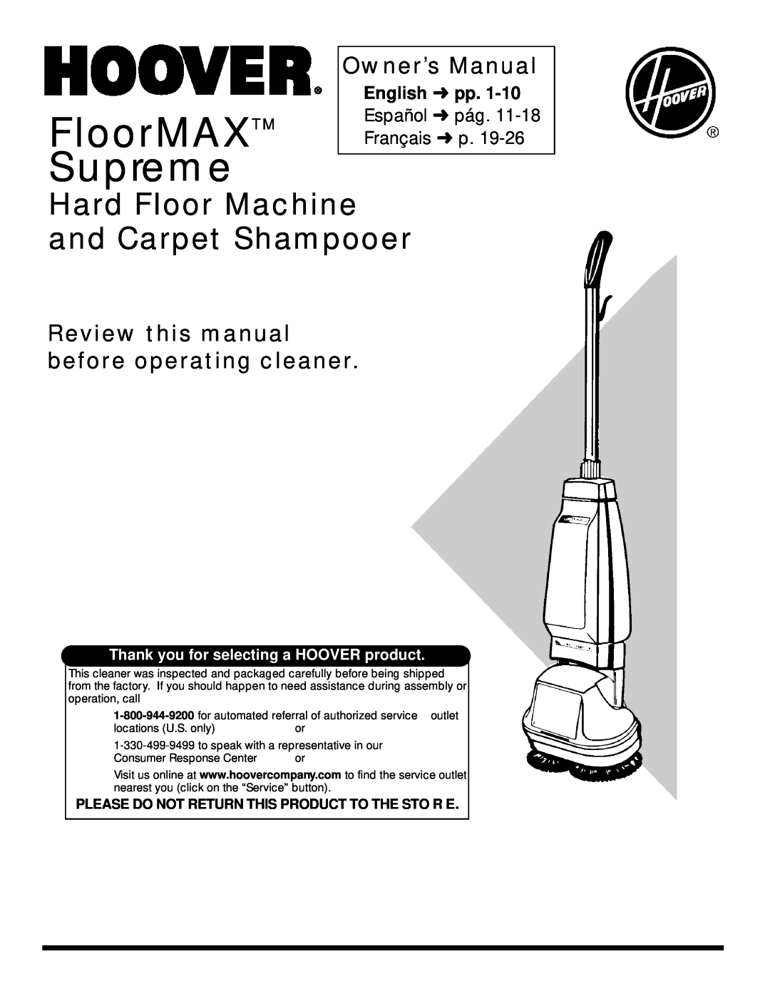 Hoover FloorMAX Supreme owner manual Owner’s Manual, Review this manual before operating cleaner 