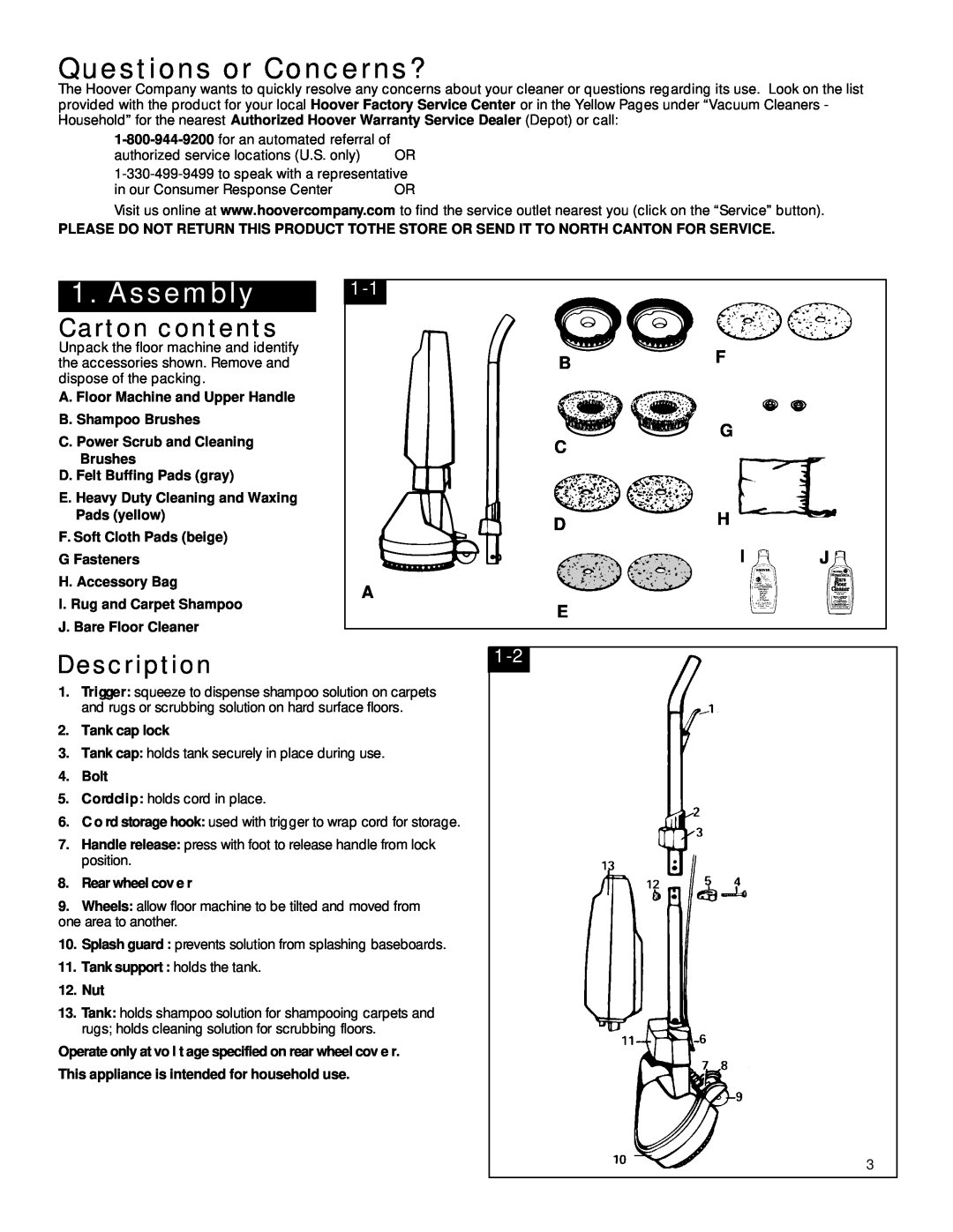Hoover FloorMAX Supreme owner manual Questions or Concerns?, Assembly, Carton contents, Description1-2, Bf G C Dh Ij A E 