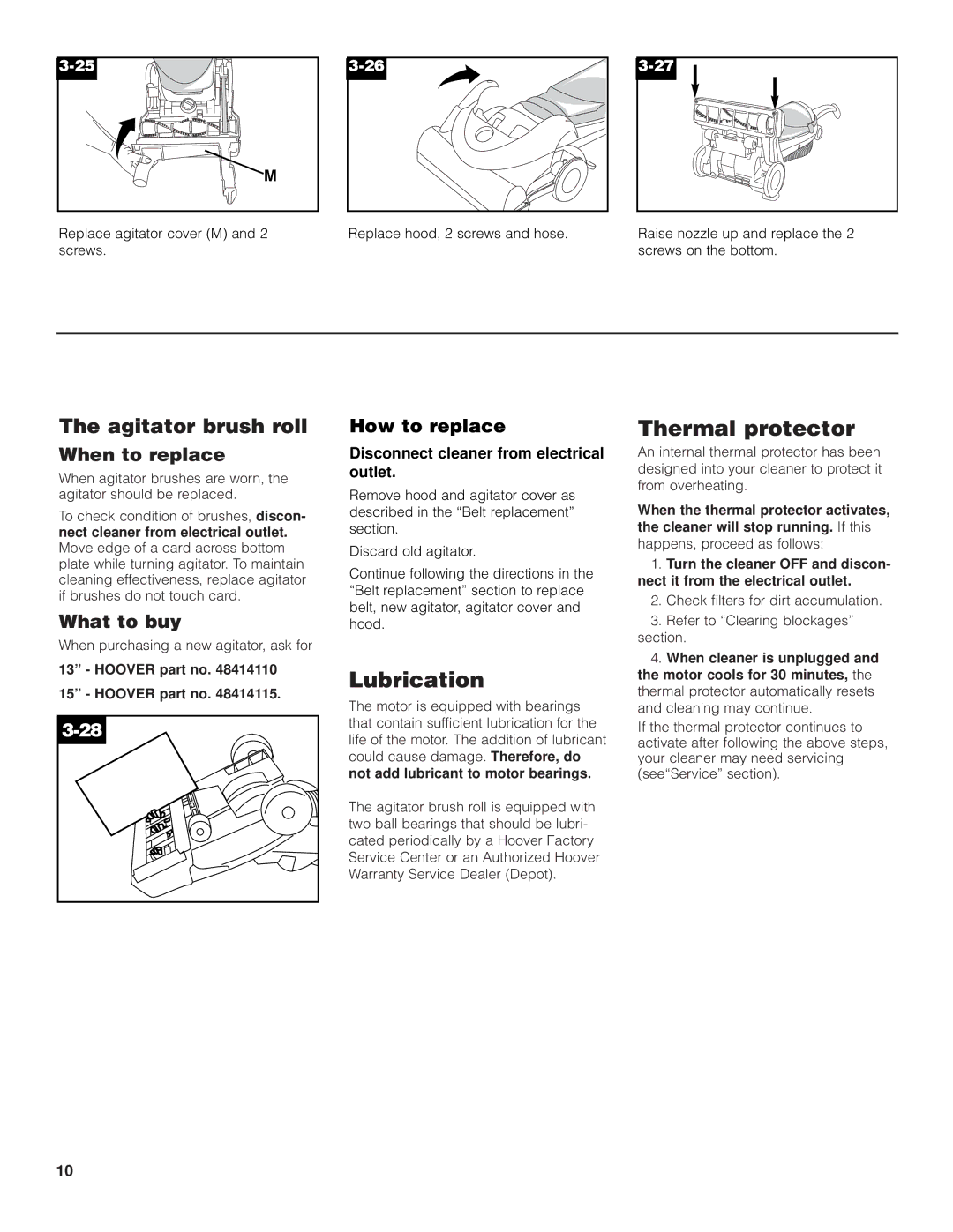 Hoover FoldAwayTM Upright owner manual Lubrication, Thermal protector, Hoover part no 