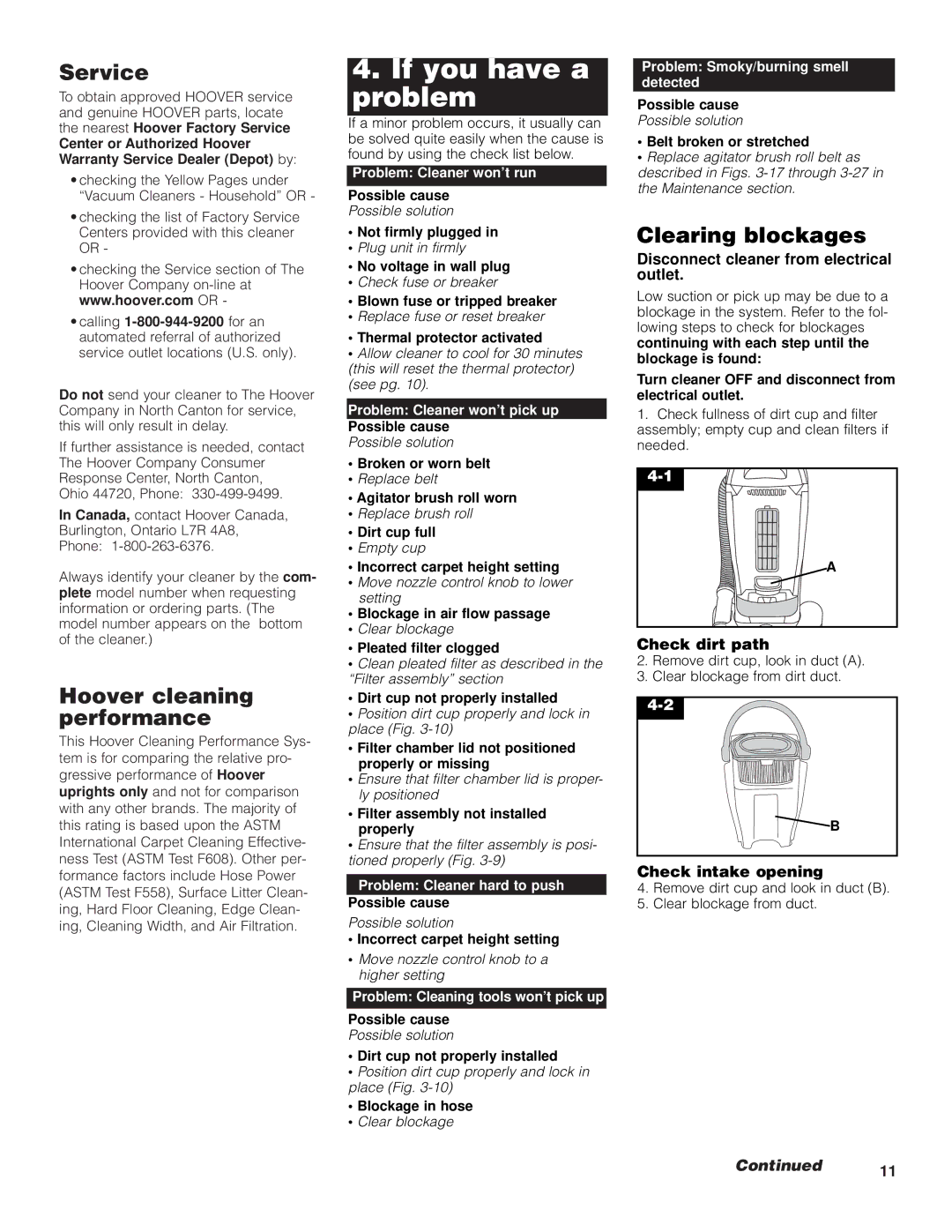 Hoover FoldAwayTM Upright owner manual If you have a problem, Service, Hoover cleaning performance, Clearing blockages 