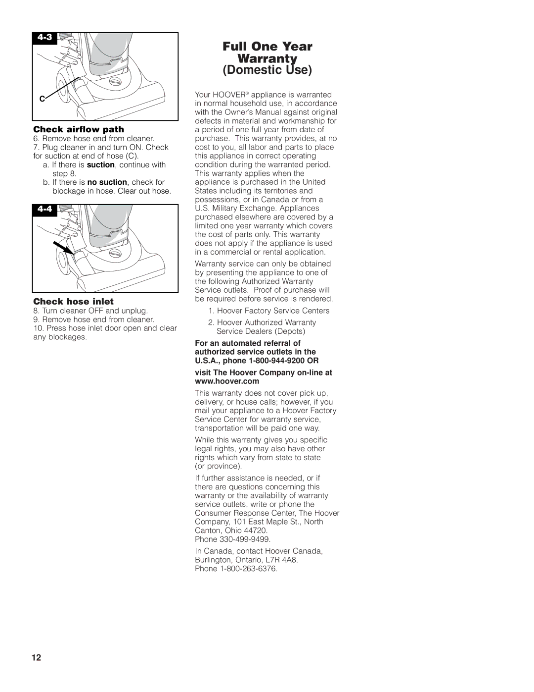 Hoover FoldAwayTM Upright owner manual Full One Year Warranty Domestic Use, Check airflow path 