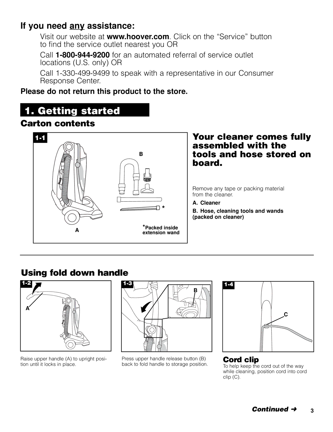 Hoover FoldAwayTM Upright owner manual Getting started, If you need any assistance, Carton contents, Using fold down handle 