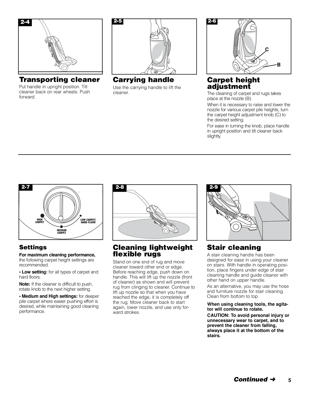 Hoover FoldAwayTM Upright owner manual Transporting cleaner, Carrying handle, Carpet height, Adjustment, Stair cleaning 