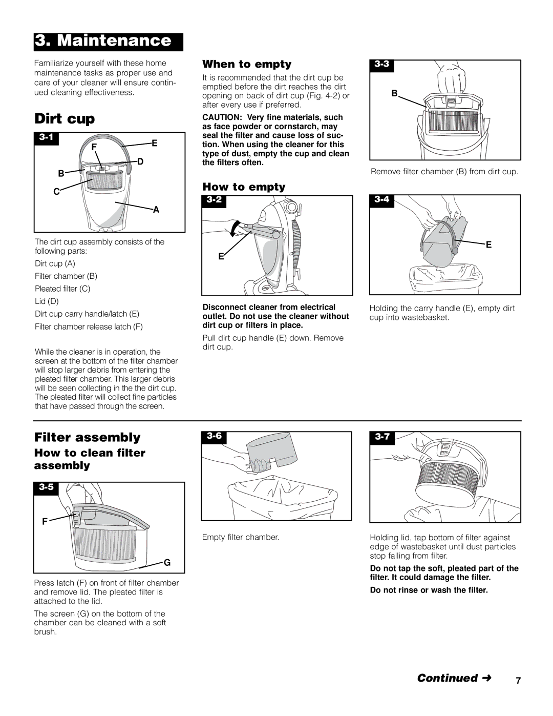 Hoover FoldAwayTM Upright owner manual Maintenance, Dirt cup, Filter assembly 