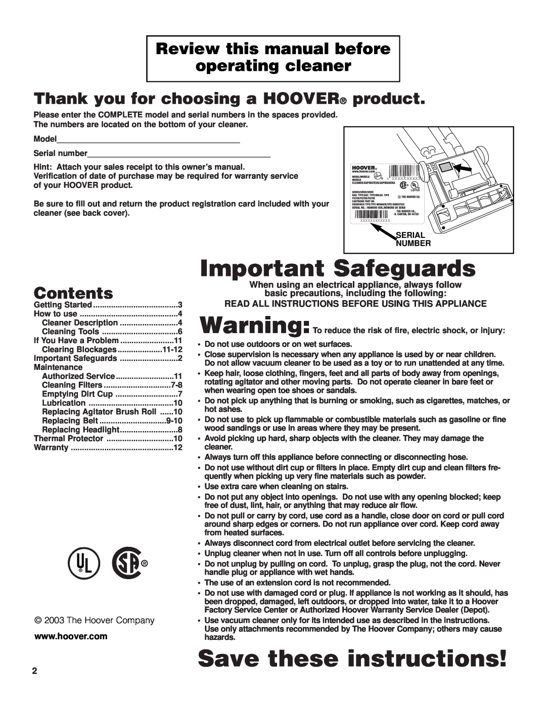 Hoover FoldAwayTM Upright Review this manual before operating cleaner, Thank you for choosing a HOOVER product, Contents 
