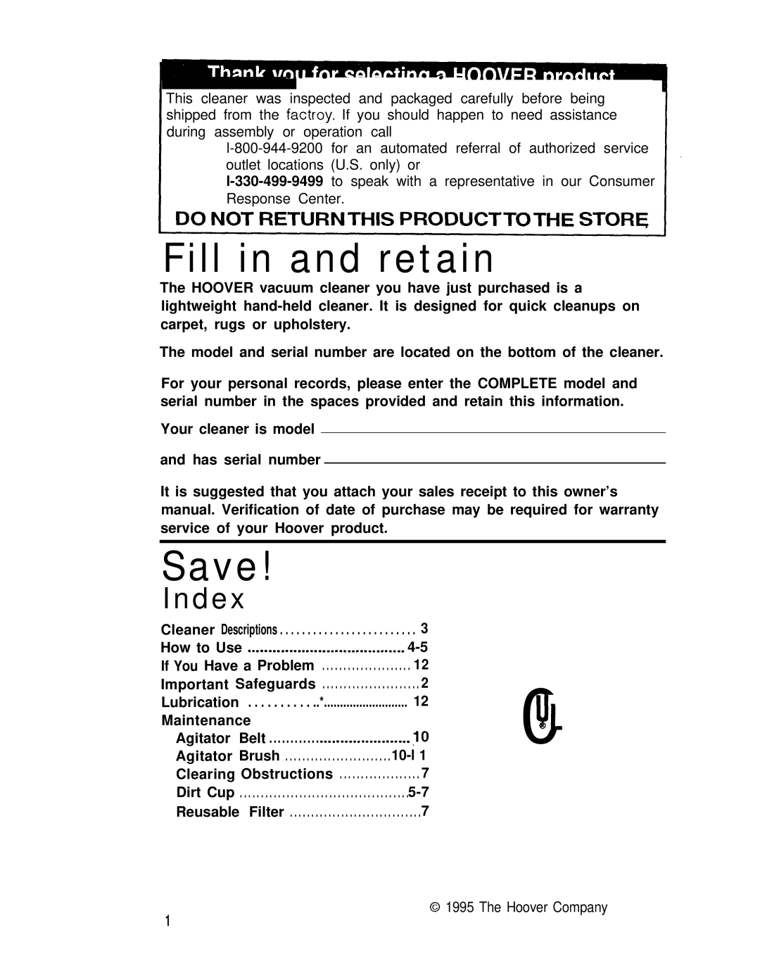 Hoover Hand-held Vacuum Cleaner manual Index, How to Use If You Have a Problem Important Safeguards, Maintenance 