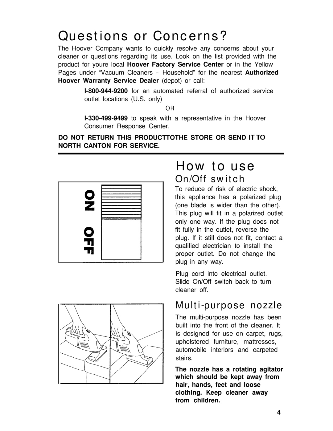 Hoover Hand-held Vacuum Cleaner manual Questions or Concerns?, How to use 