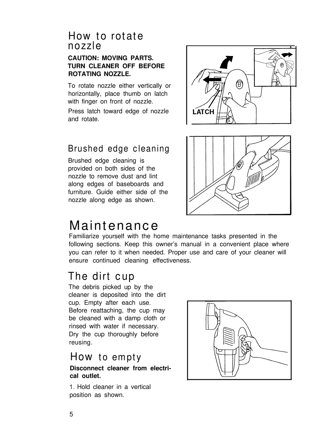 Hoover Hand-held Vacuum Cleaner manual Maintenance, How to rotate nozzle, Dirt cup, Brushed edge cleaning 