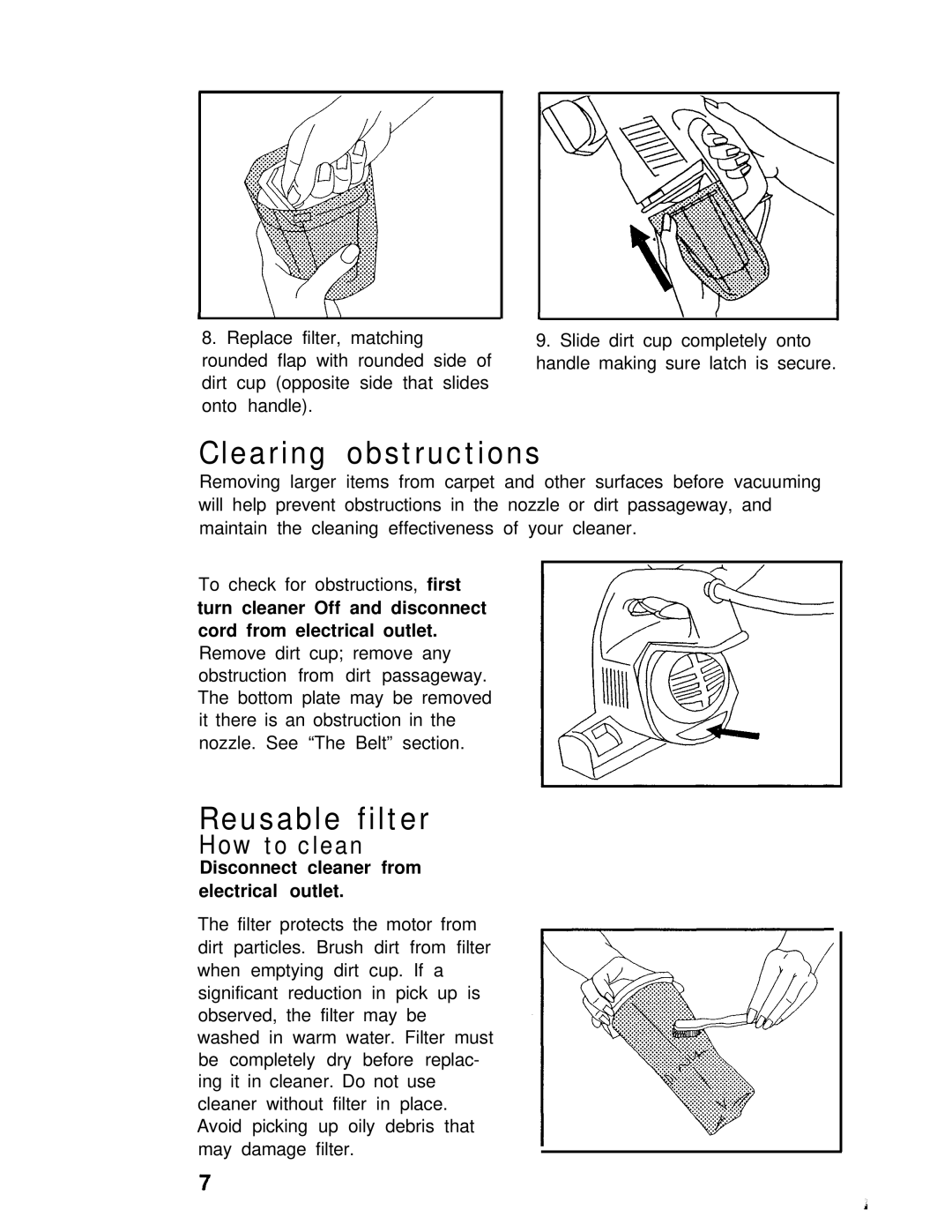 Hoover Hand-held Vacuum Cleaner manual Clearing obstructions, Reusable filter, Disconnect cleaner from electrical outlet 